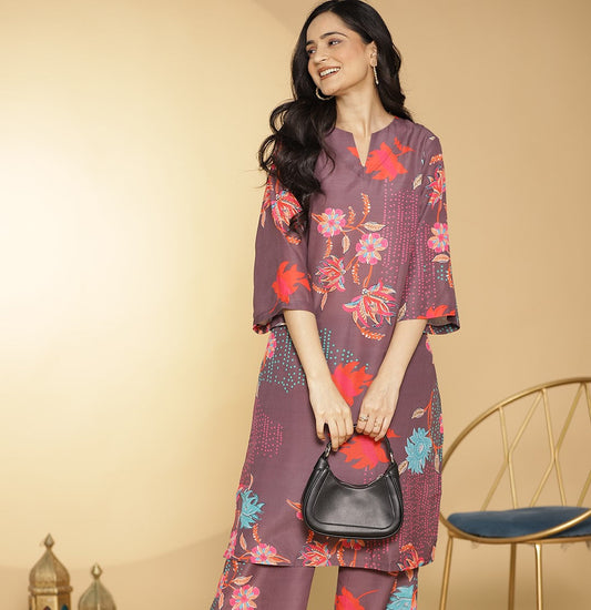 BurgundyFloral Muslin Printed LongKurta