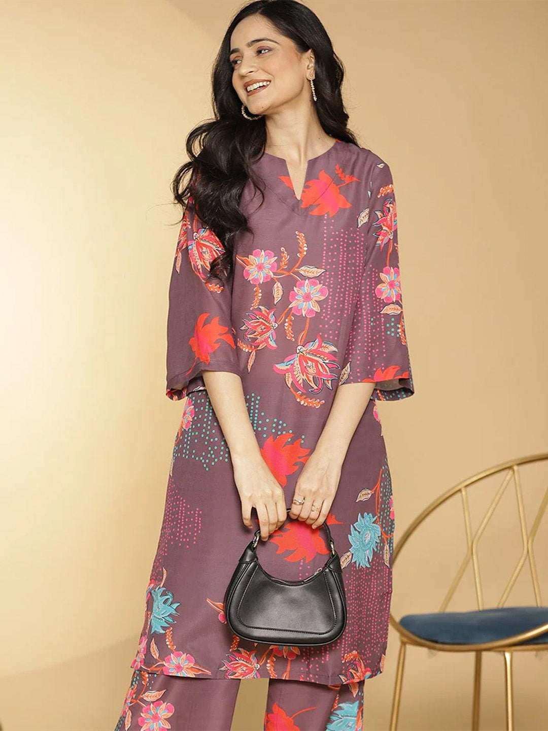 BurgundyFloral Muslin Printed LongKurta