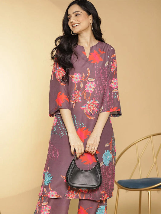 BurgundyFloral Muslin Printed LongKurta