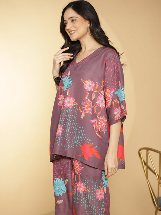 BurgundyFloral Muslin Printed OversizedTop