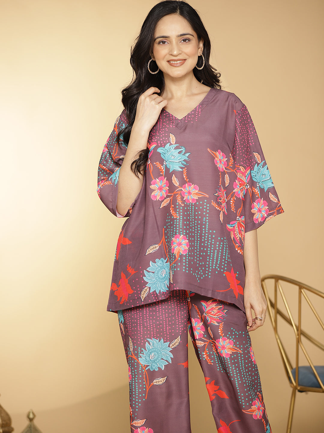 BurgundyFloral Muslin Printed OversizedTop