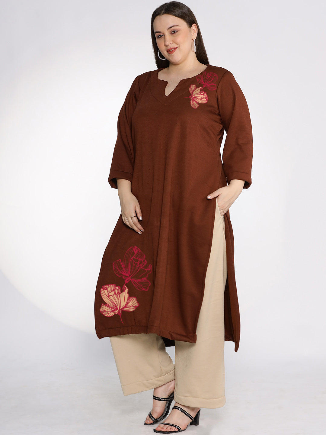 Coffee Fleece LongKurta - RoseCream