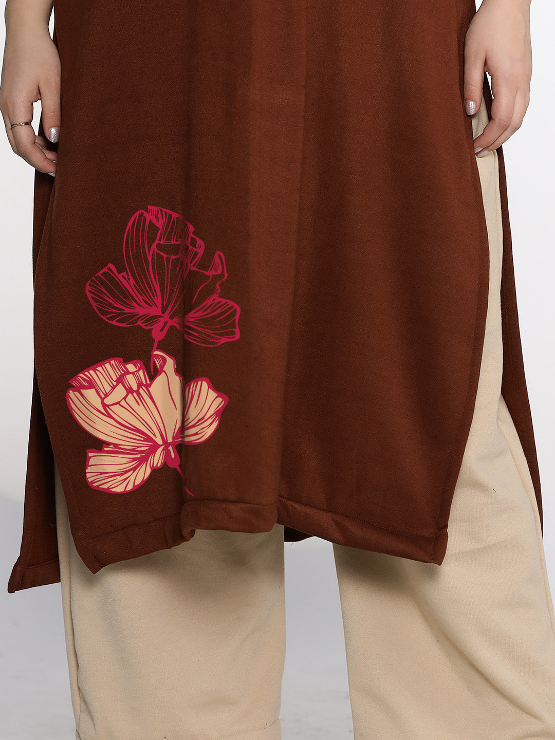 Coffee Fleece LongKurta - RoseCream