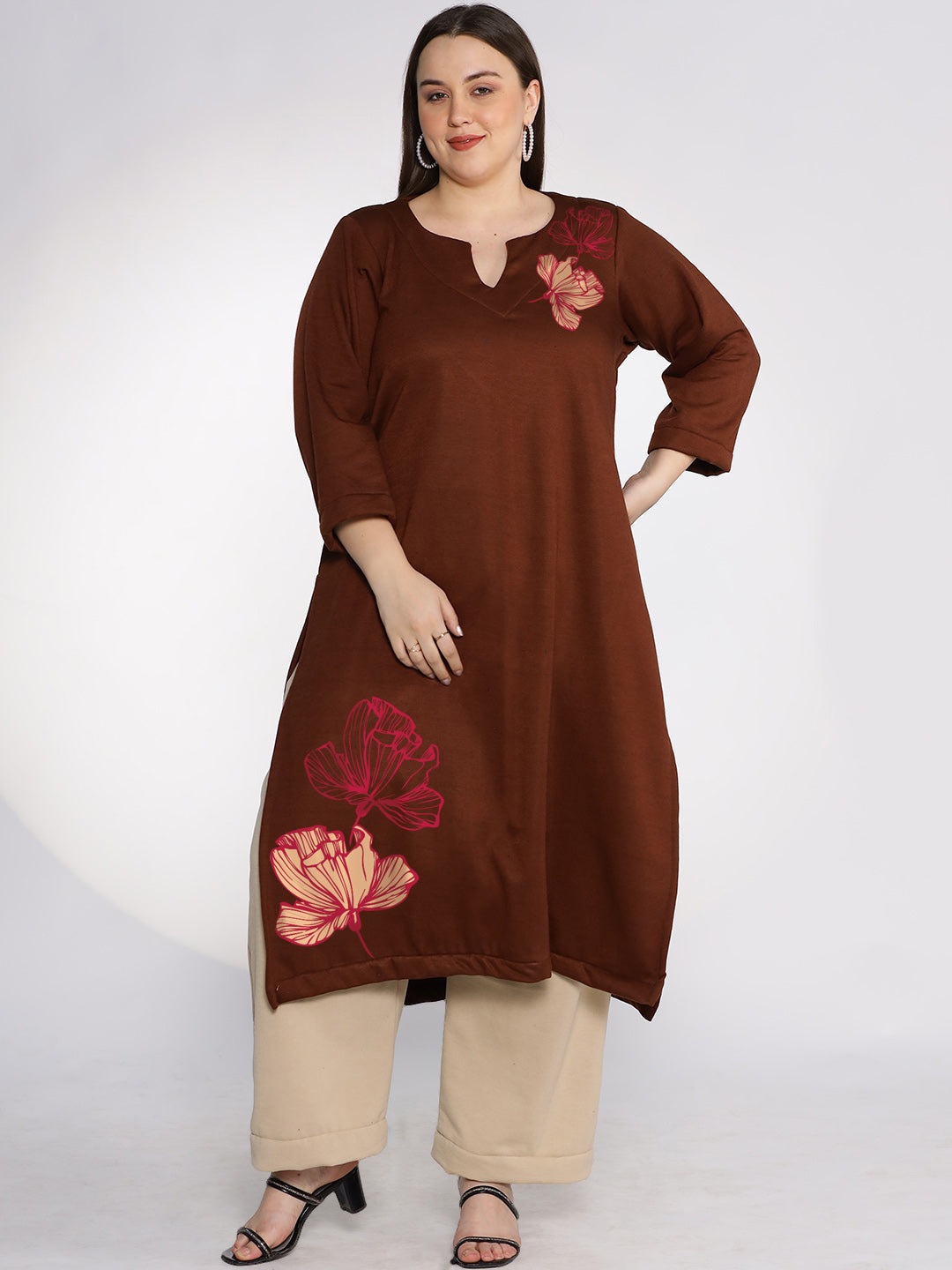 Coffee Fleece LongKurta - RoseCream