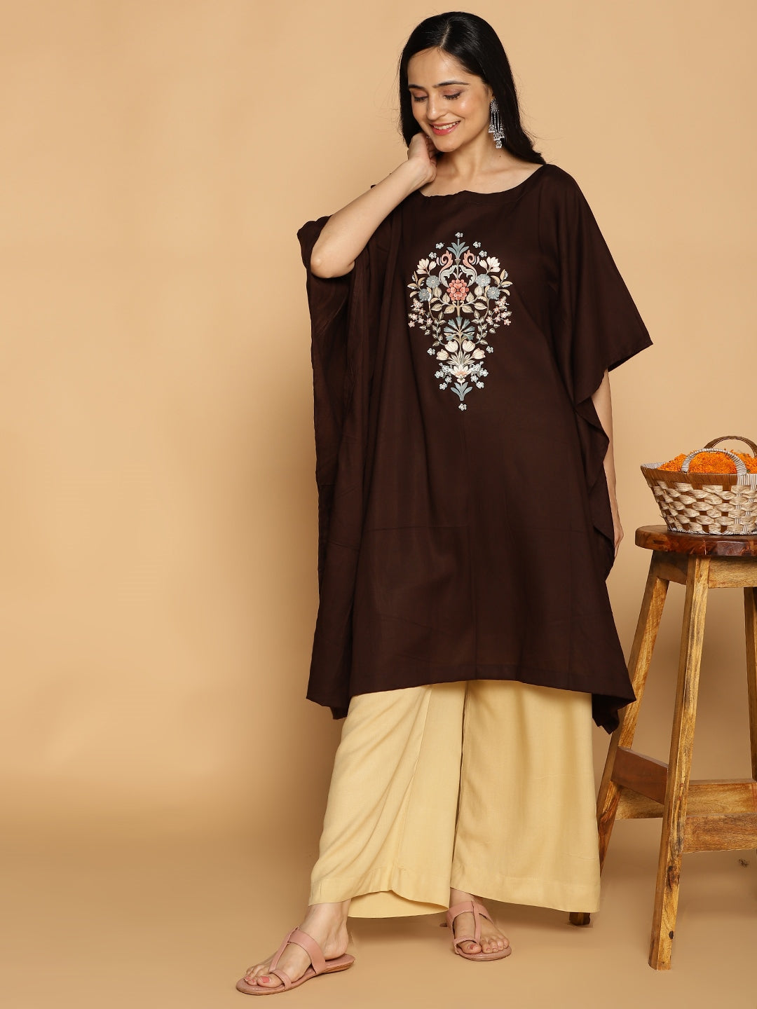 Coffee Kaftan Kurta - Floral Empire