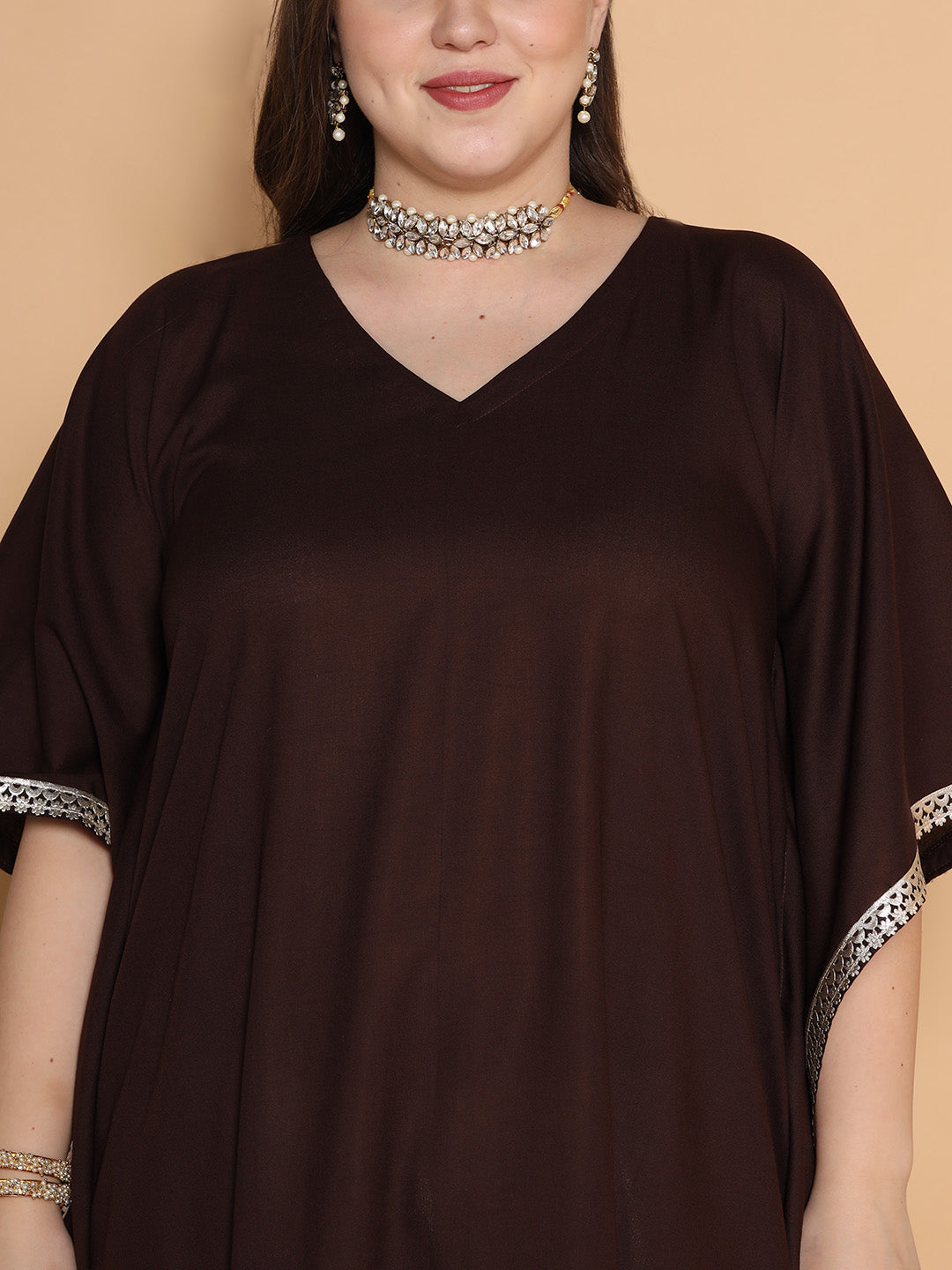 Coffee Rayon Embellished Kaftan Kurta