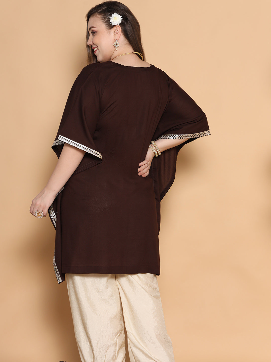 Coffee Rayon Embellished Kaftan Kurta