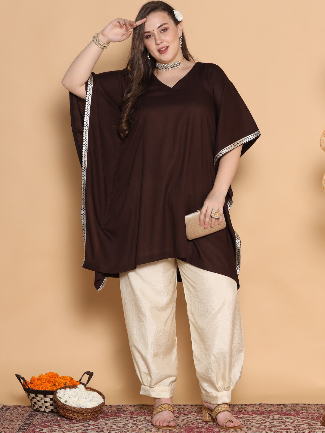 Coffee Rayon Embellished Kaftan Kurta