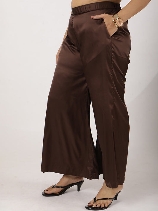 Coffee Satin Wide-Leg Pants