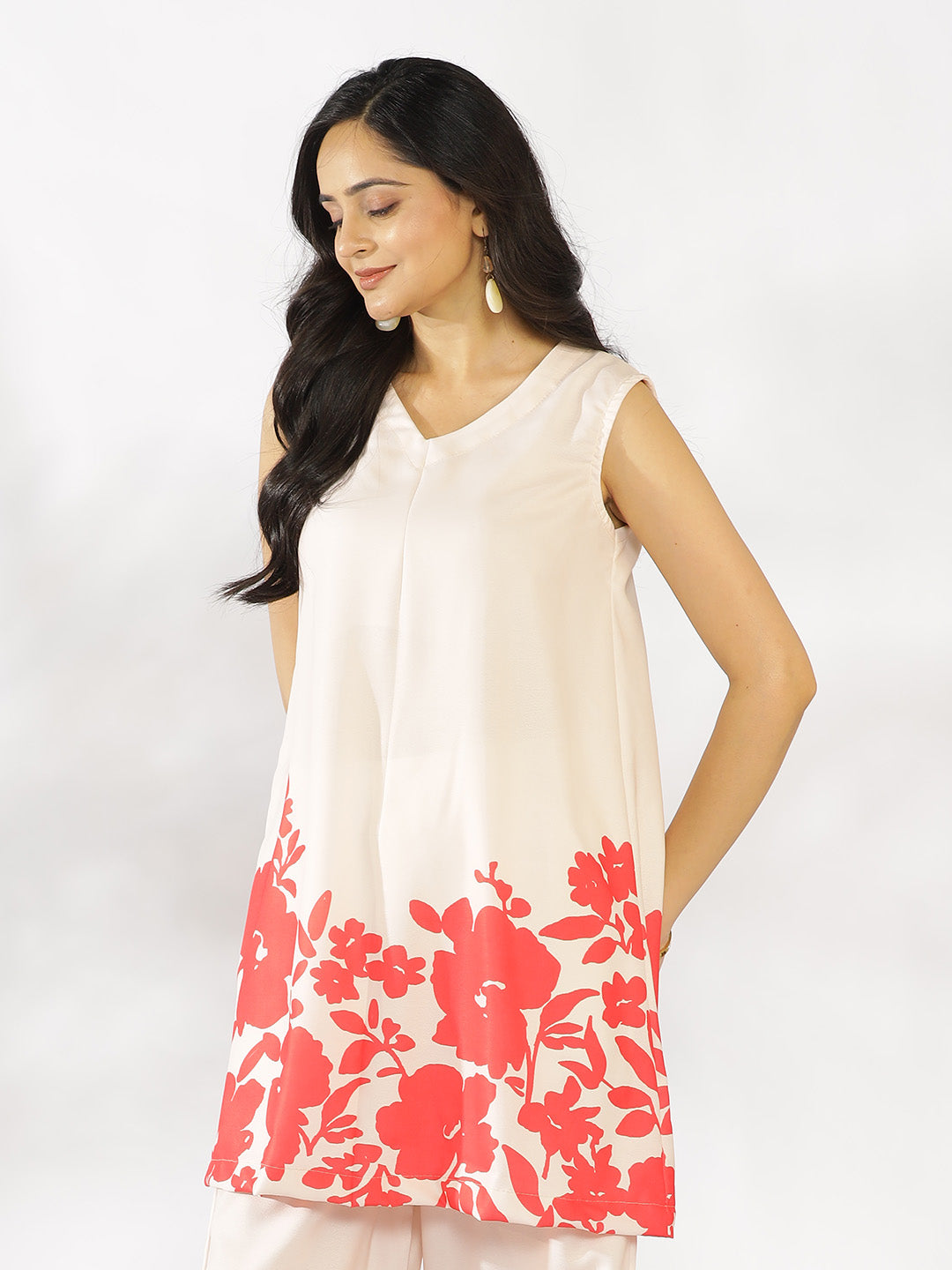 Coral Printed V-Neck Sleeveless Kurti - Coralie