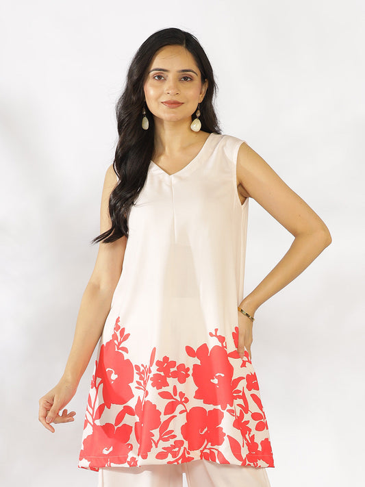 Coral Printed V-Neck Sleeveless Kurti - Coralie