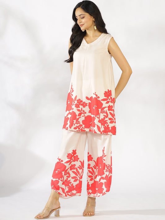 Coral Printed V-Neck Sleeveless Kurti & Curved Palazzos - Coralie