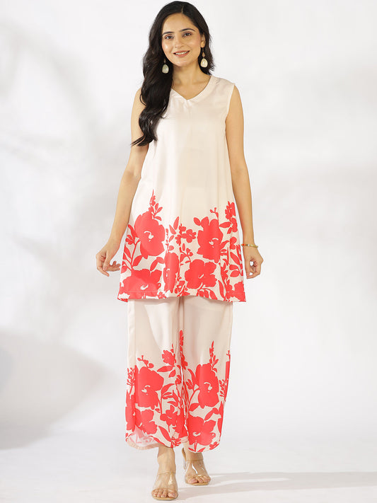 Coral Printed V-Neck Sleeveless Kurti & Curved Palazzos - Coralie
