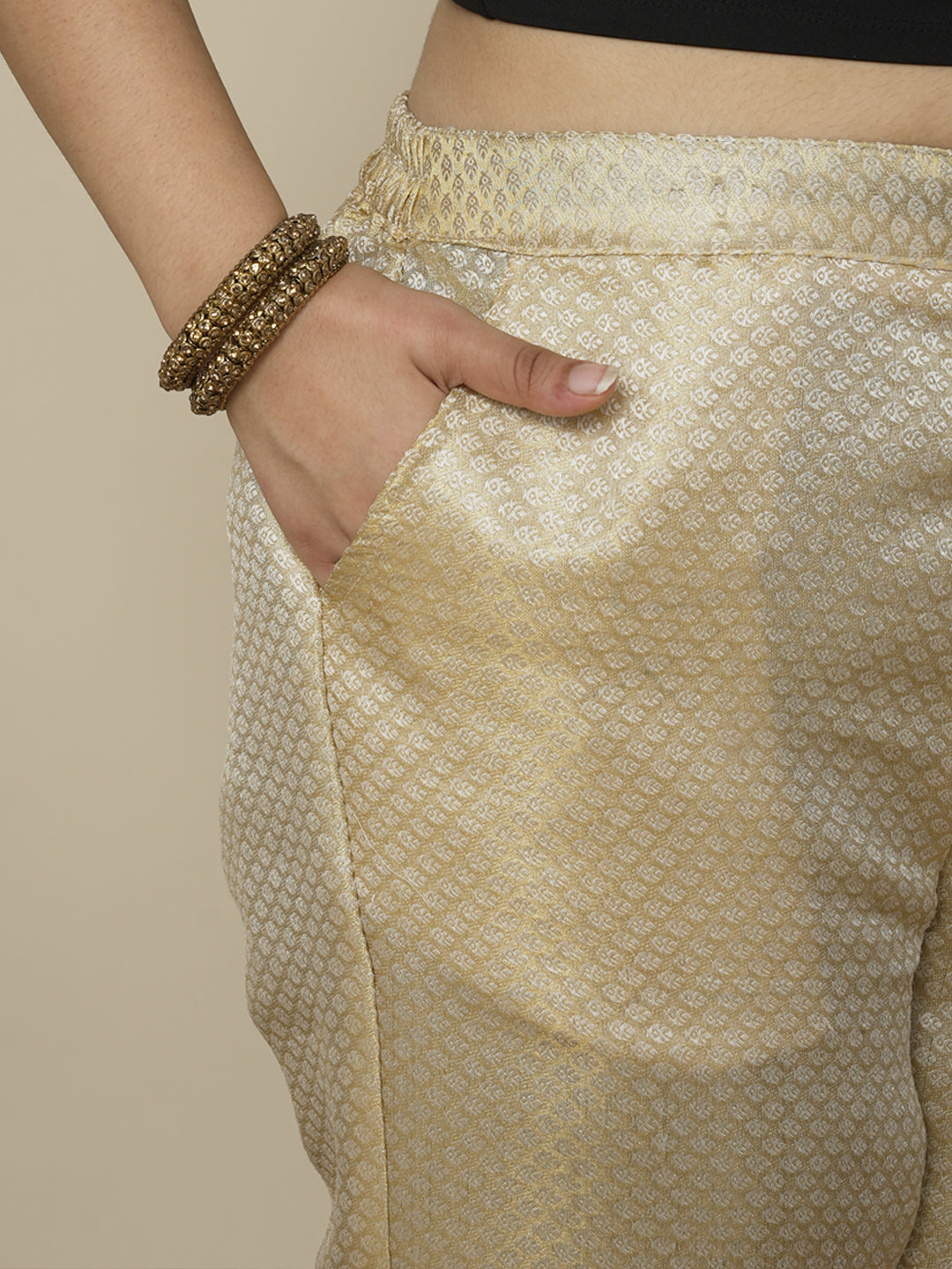 Cream Floral Brocade Palazzo Pants