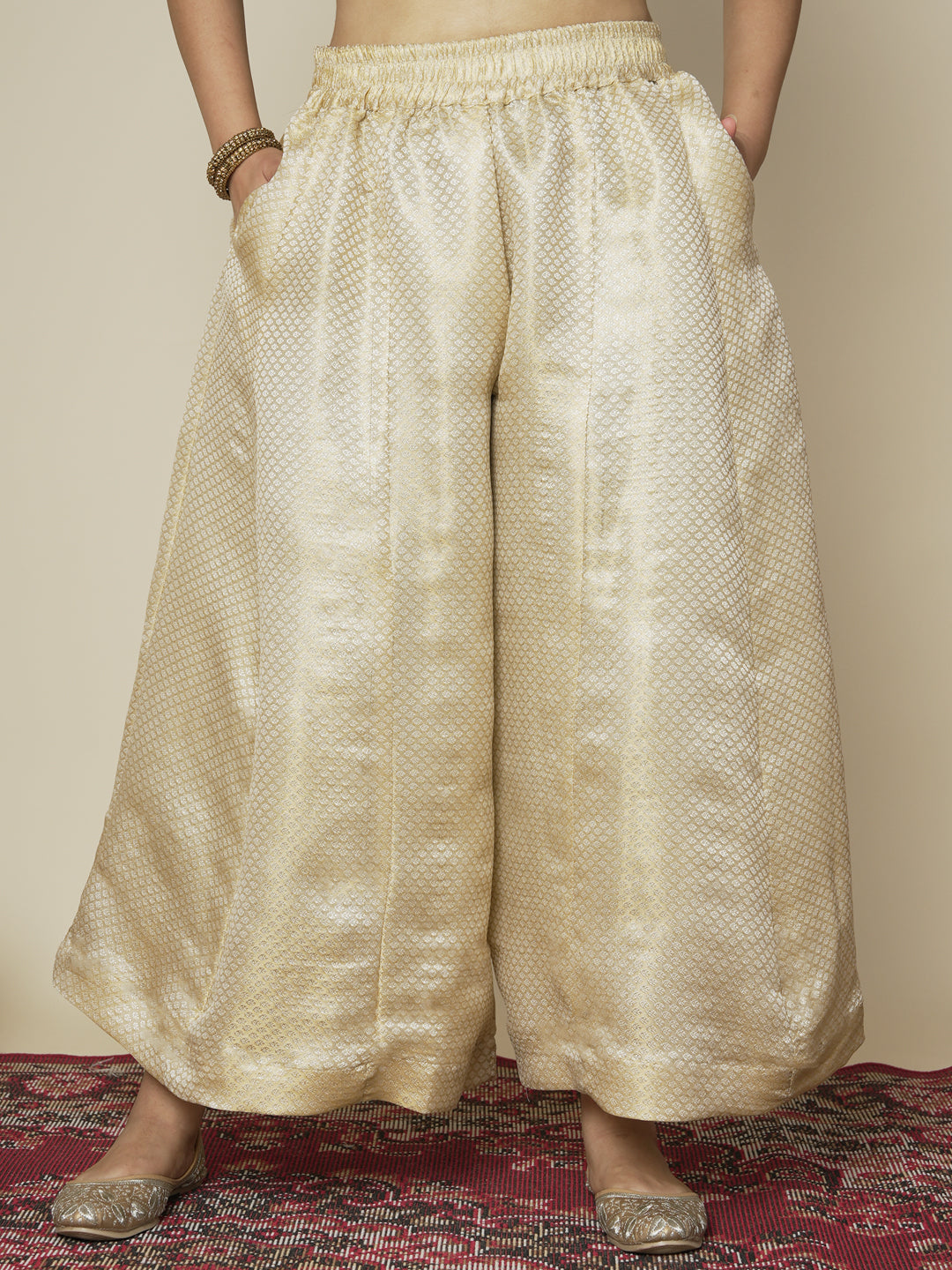 Cream Floral Brocade Flared Palazzo