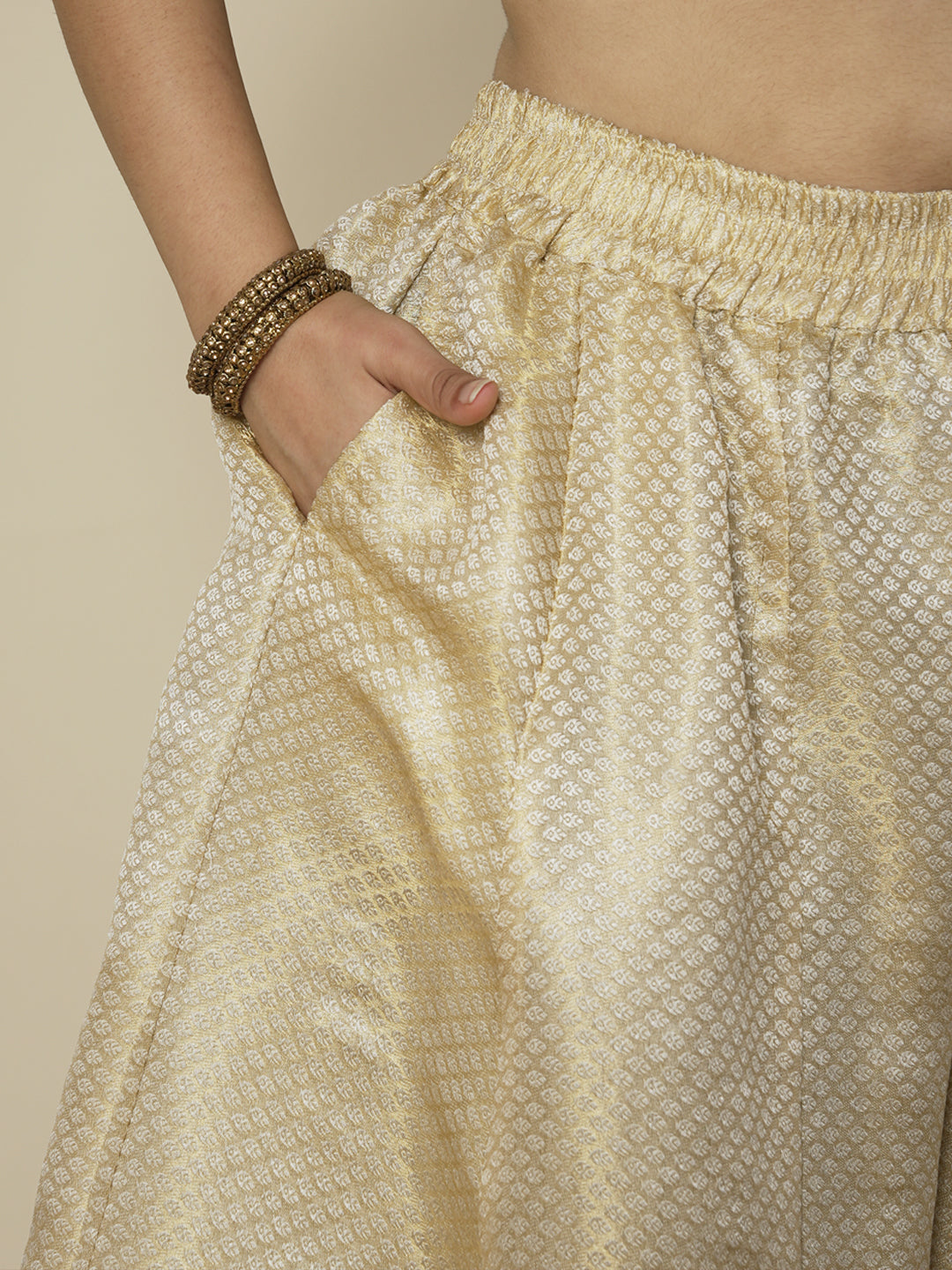 Cream Floral Brocade Flared Palazzo