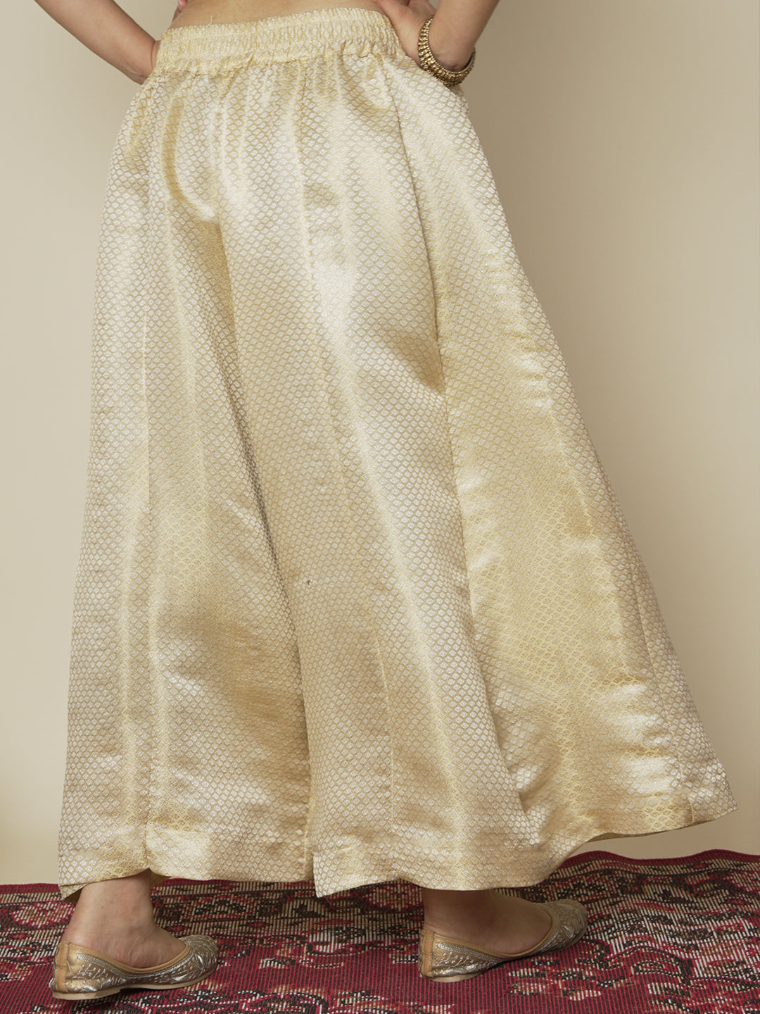 Cream Floral Brocade Flared Palazzo