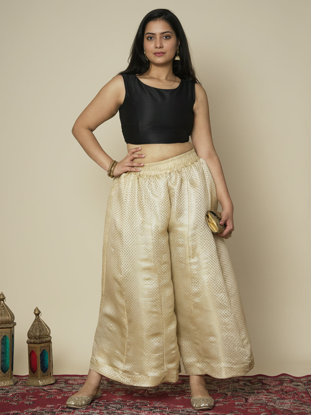 Cream Floral Brocade Flared Palazzo