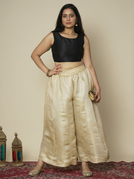 Cream Floral Brocade Flared Palazzo