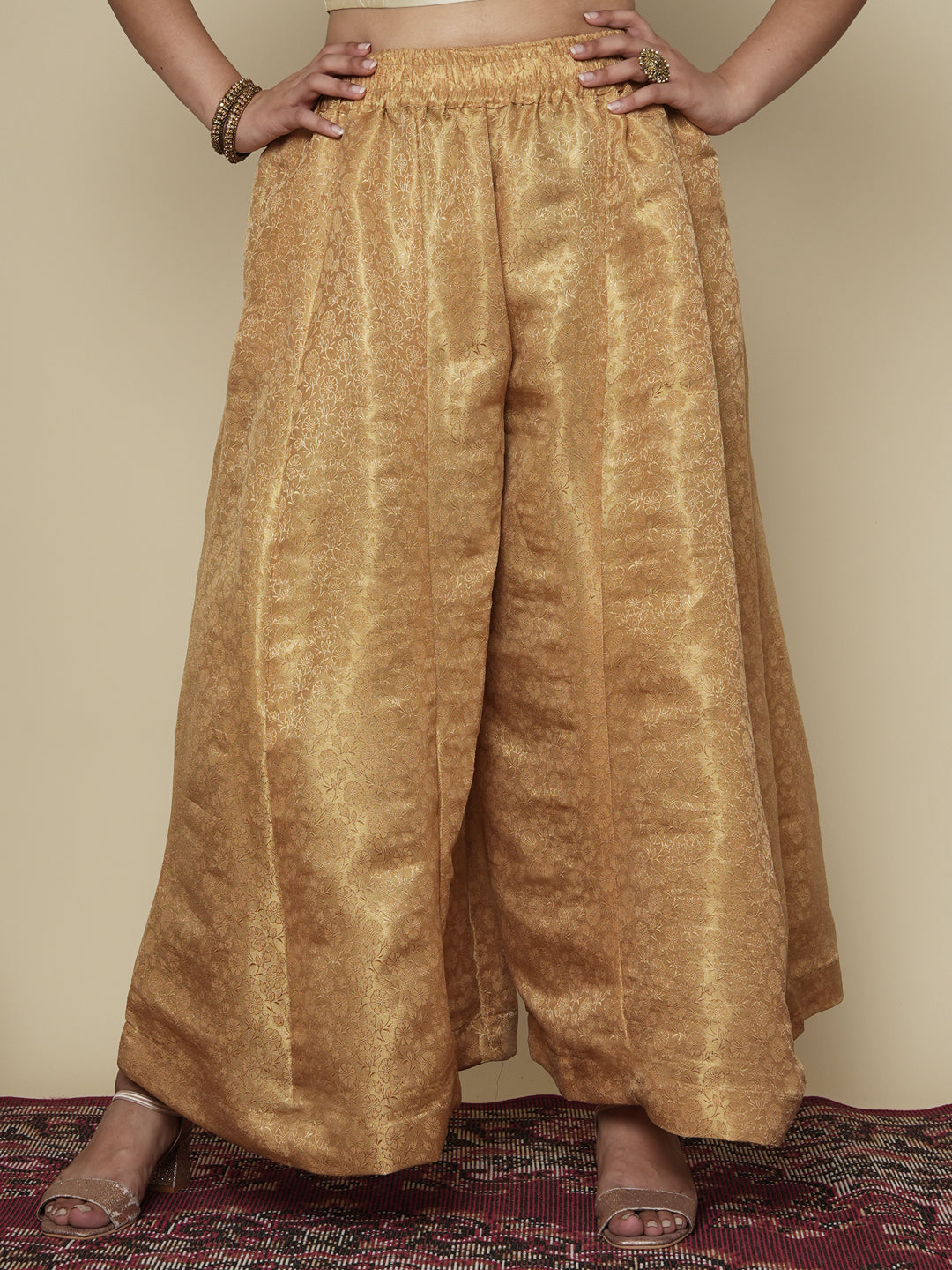 Golden Floral Brocade Flared Palazzo