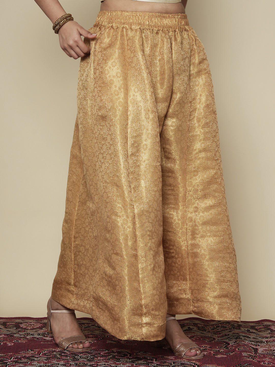 Golden Floral Brocade Flared Palazzo