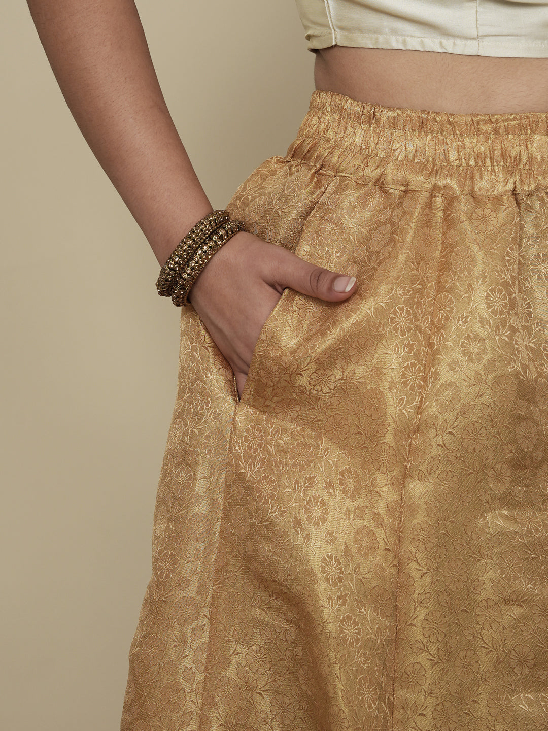 Golden Floral Brocade Flared Palazzo