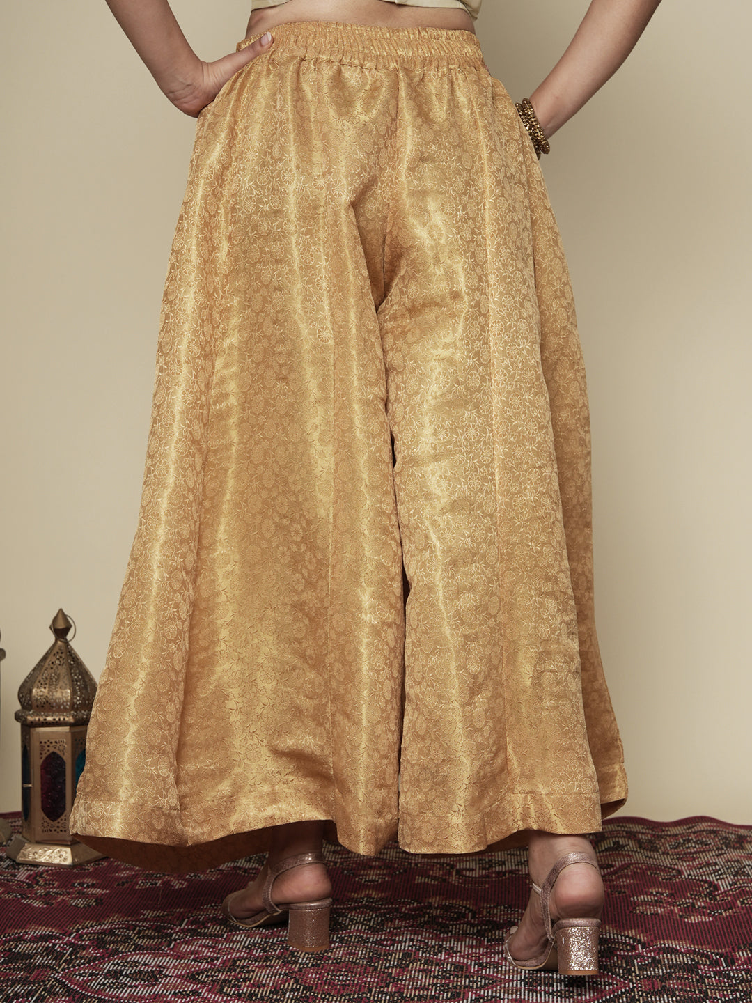 Golden Floral Brocade Flared Palazzo