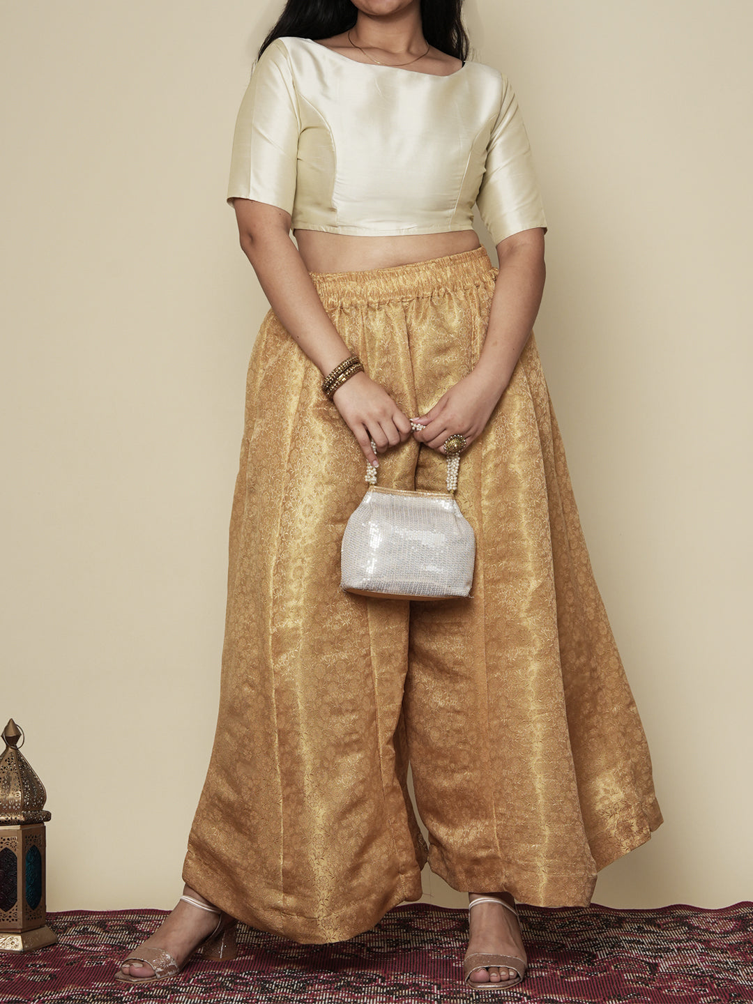 Golden Floral Brocade Flared Palazzo
