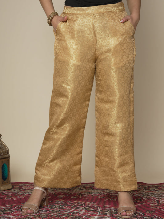 Golden Floral Brocade Palazzo Pants