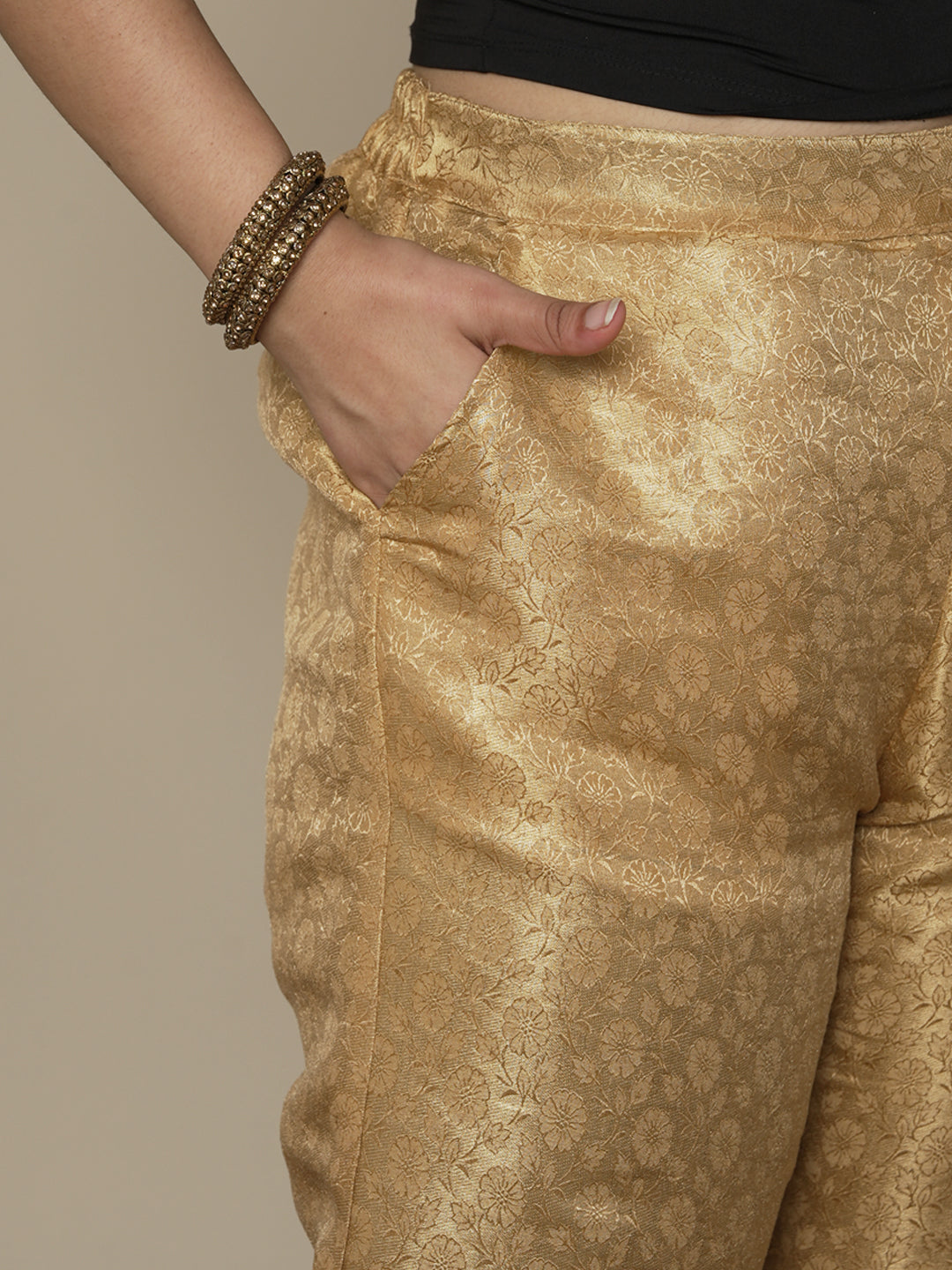 Golden Floral Brocade Palazzo Pants
