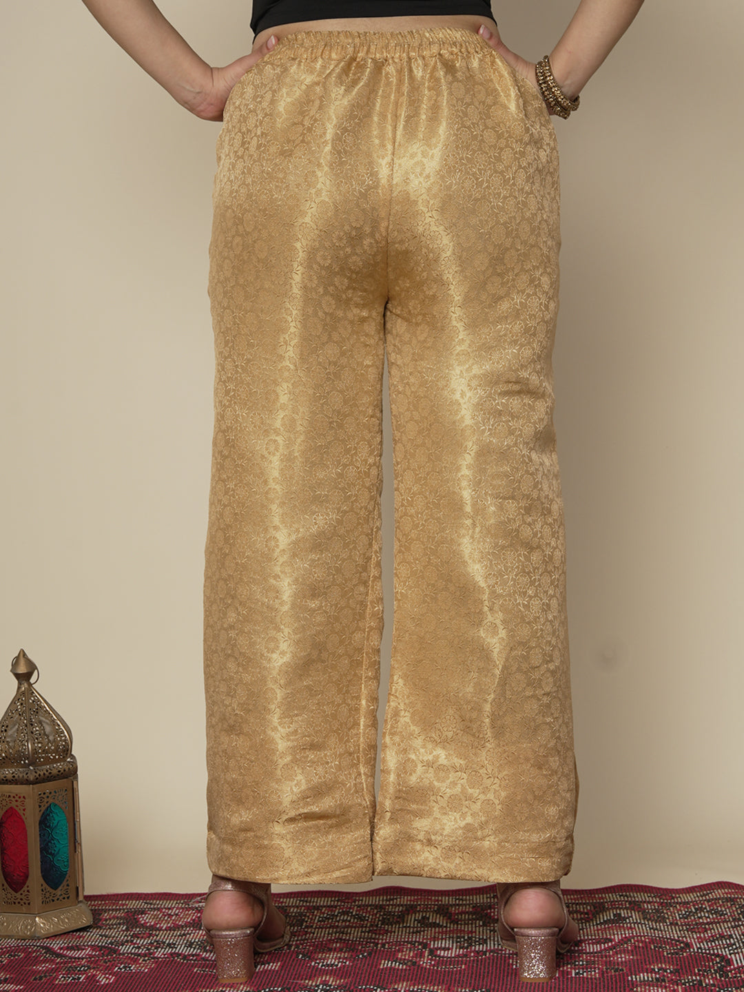 Golden Floral Brocade Palazzo Pants