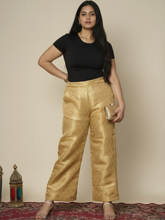 Golden Floral Brocade Palazzo Pants