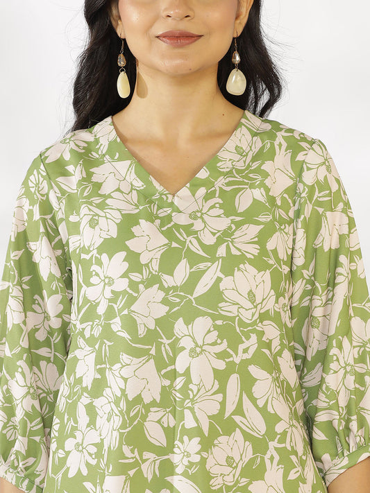 Green Printed A-Line Dress - GreenPoppy