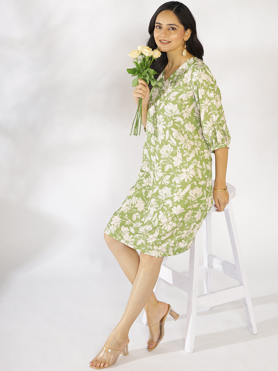 Green Printed A-Line Dress - GreenPoppy
