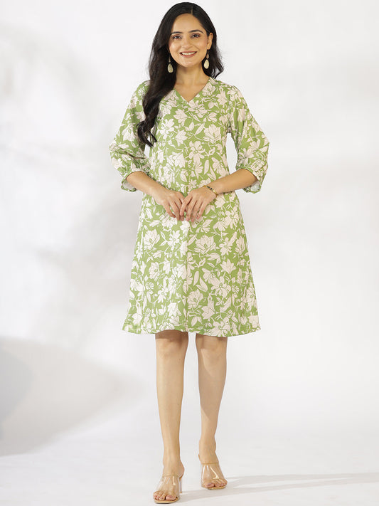 Green Printed A-Line Dress - GreenPoppy