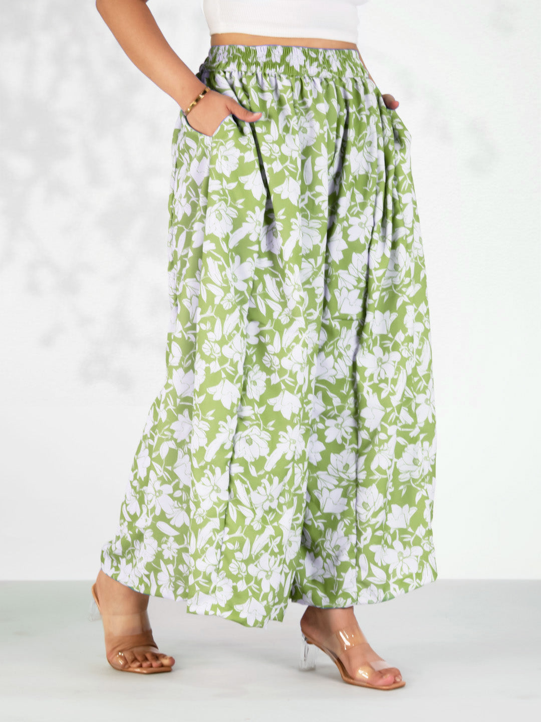 Green Printed Flared Palazzo - GreenPoppy