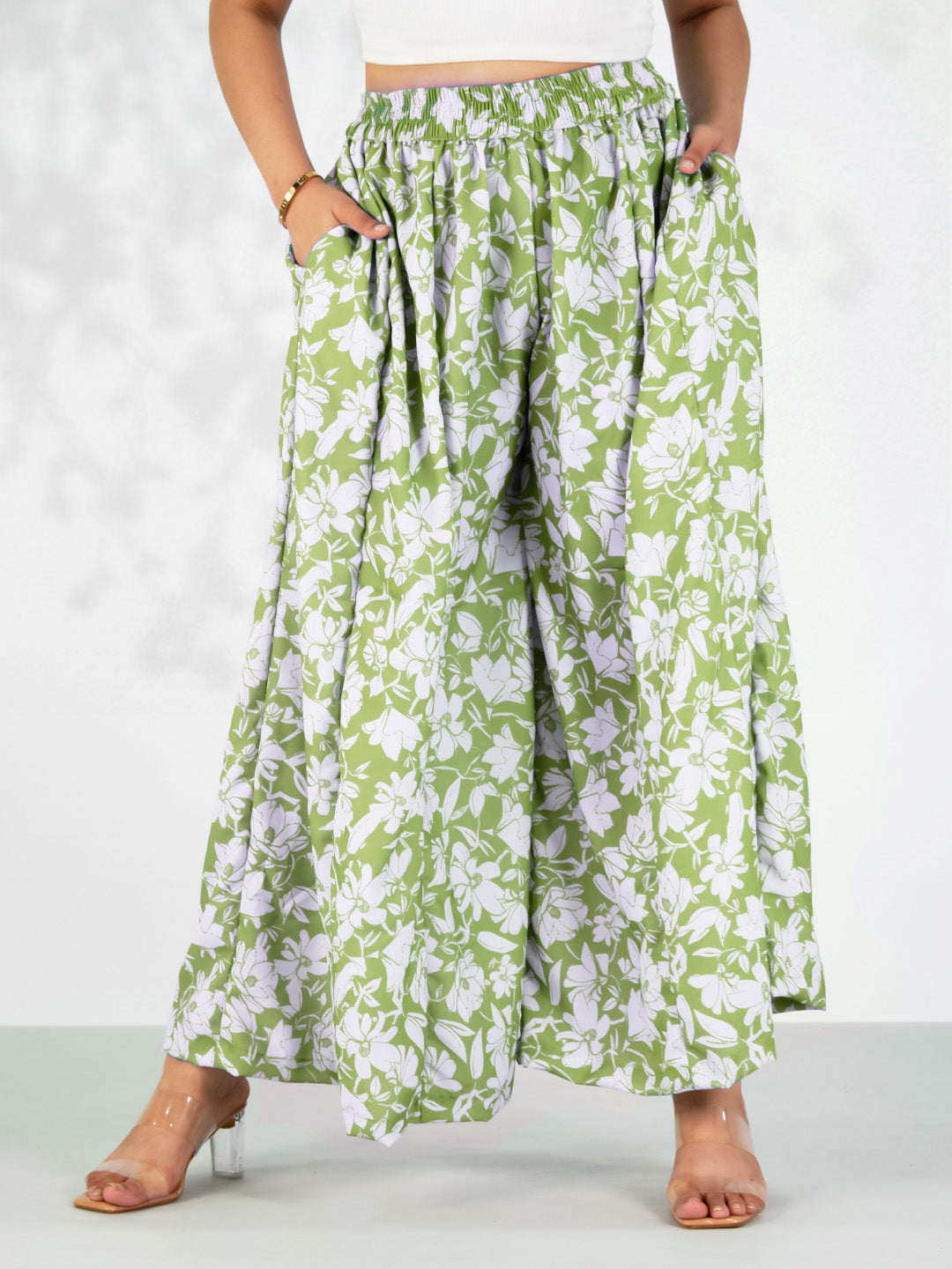 Green Printed Flared Palazzo - GreenPoppy