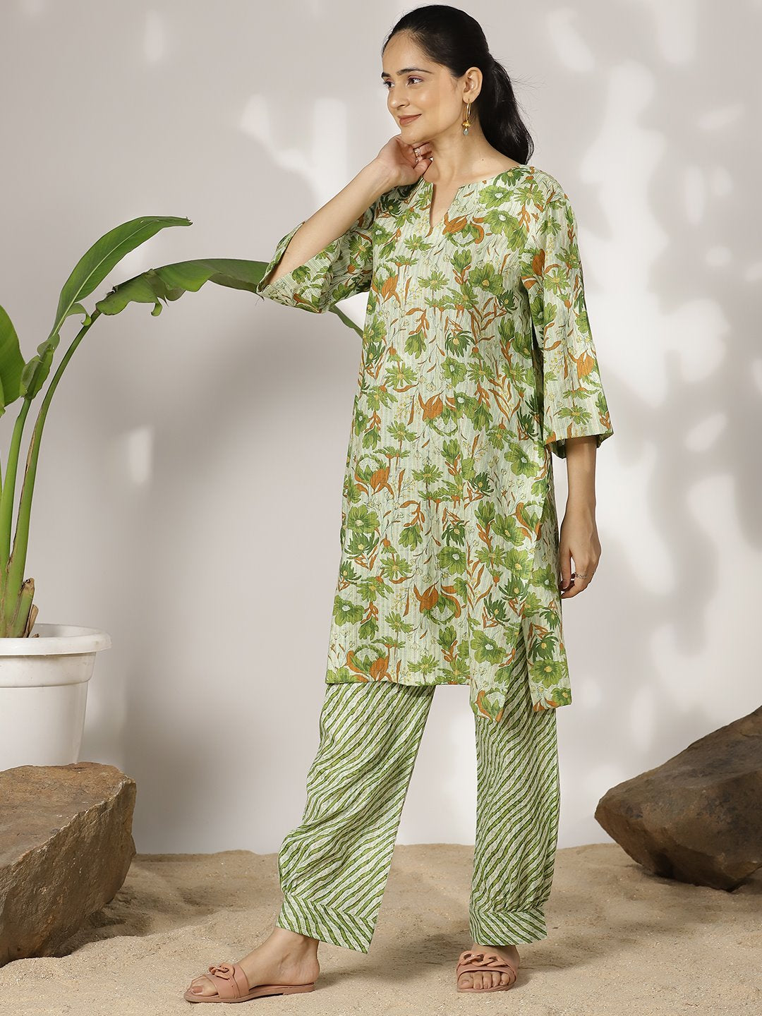 GreenFloral Cotton LongKurta