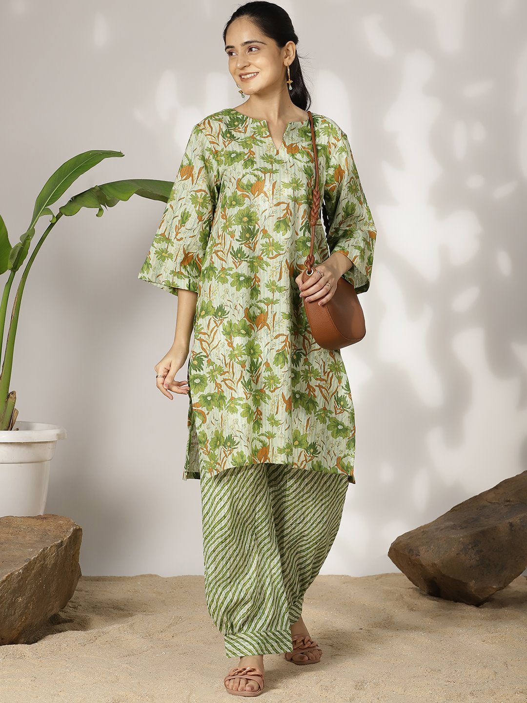 GreenFloral Cotton LongKurta