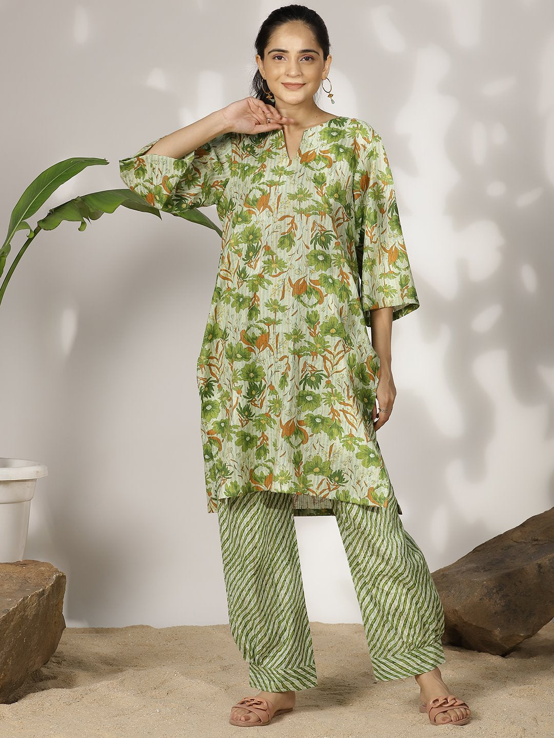 GreenFloral Cotton LongKurta & Striped AfghaniSalwar