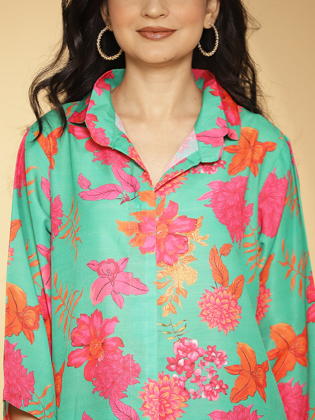 GreenFloral Muslin Printed ShirtTop