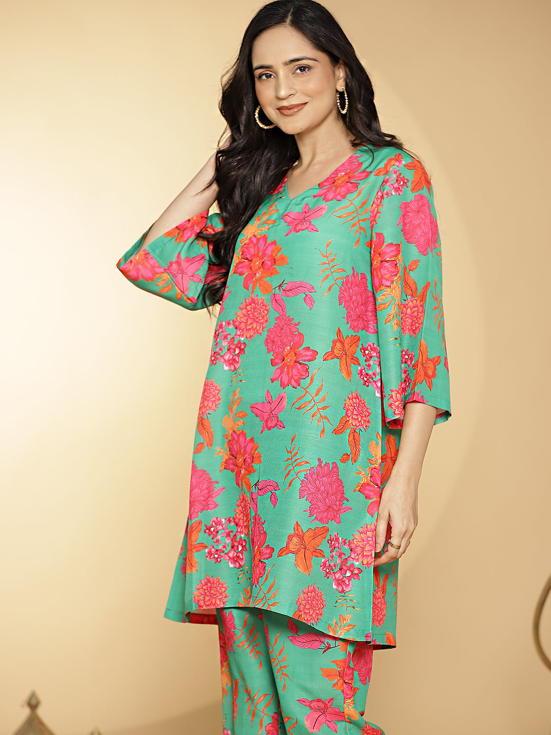 GreenFloral Muslin Printed ShortKurti