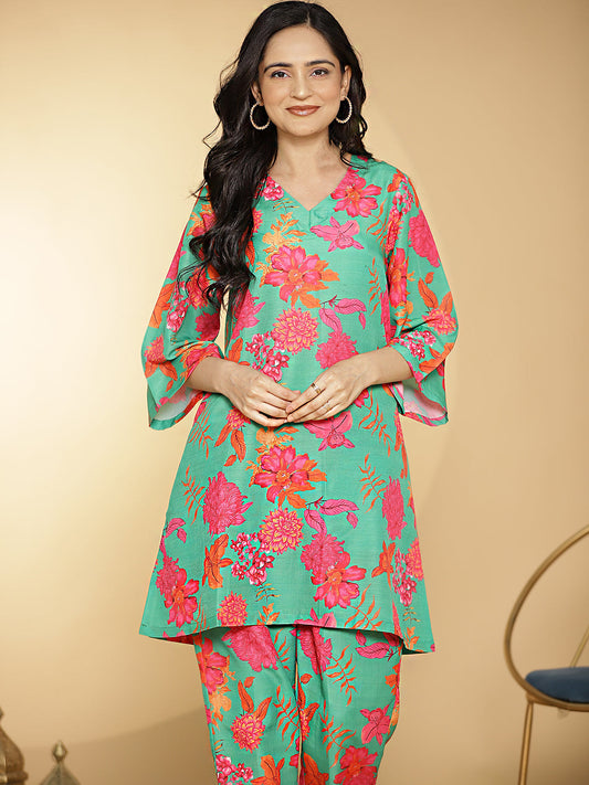 GreenFloral Muslin Printed ShortKurti