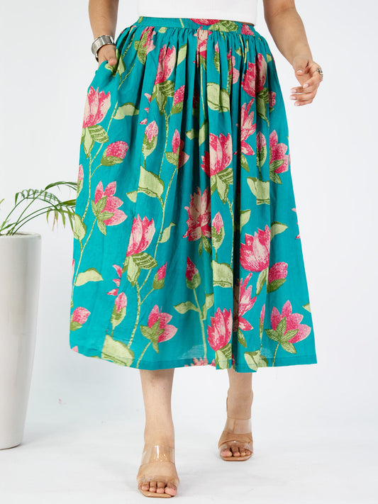 Printed Cotton Gathered Skirt - TealKamal