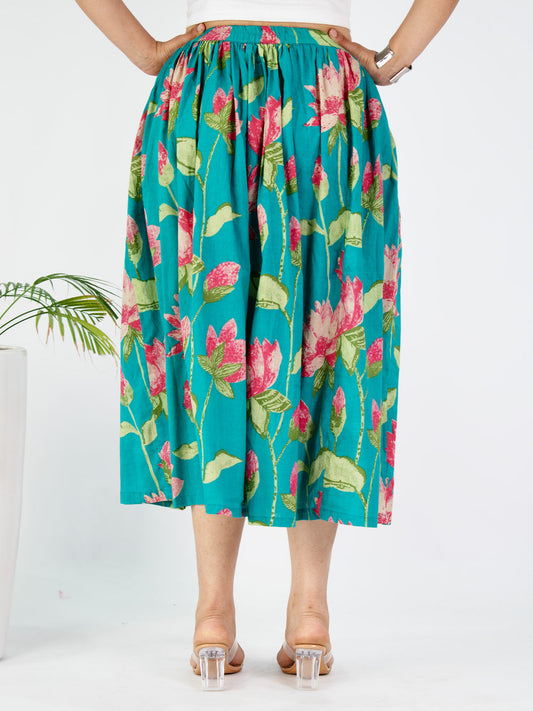 Printed Cotton Gathered Skirt - TealKamal