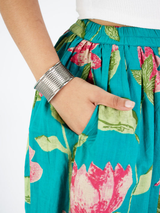 Printed Cotton Gathered Skirt - TealKamal