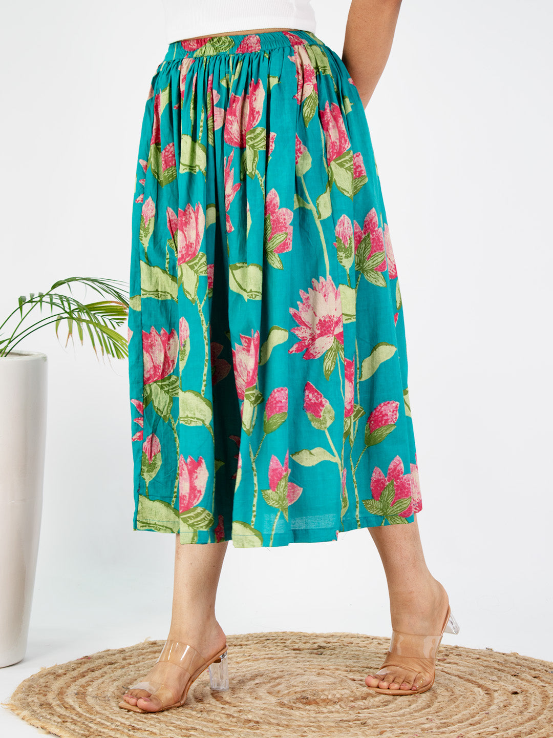 Printed Cotton Gathered Skirt - TealKamal