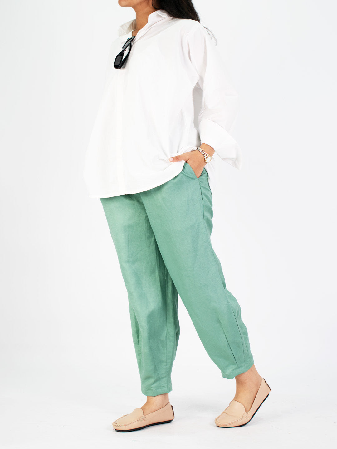Green Linen Mom-Fit Pants