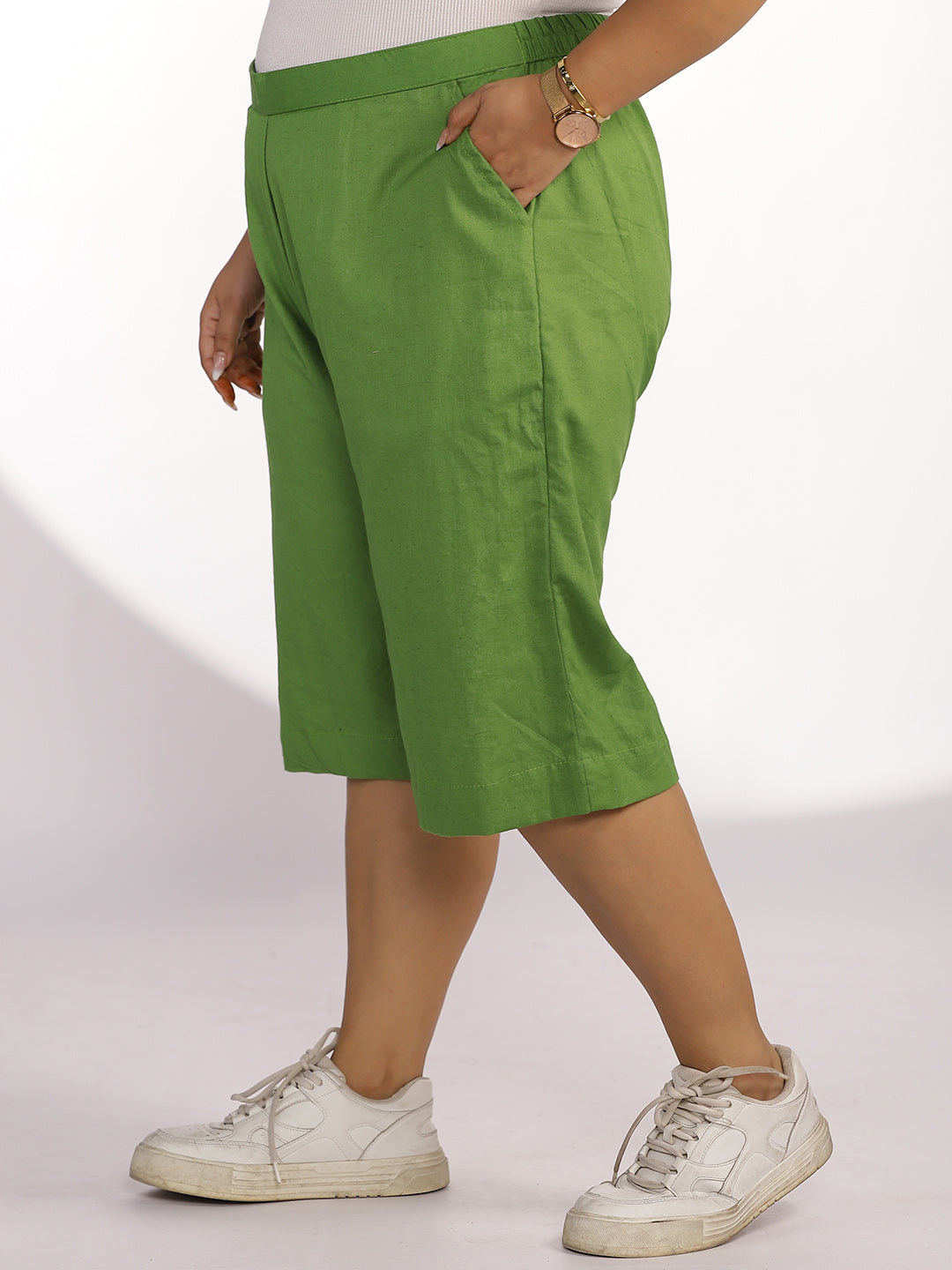 Green Cotton Knee-Length Shorts