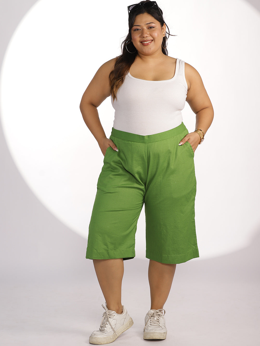 Green Cotton Knee-Length Shorts
